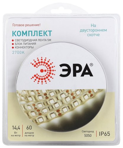 Комплект светодиодной ленты 12В Эра 5050kit 60LED 14,4Вт/м 2700К IP65 5м фото Комплект светодиодной ленты 12В Эра 5050kit 60LED 14,4Вт/м 2700К IP65 5м картинка